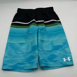 Under Armour Aqua and Black Patterned Swim Trunks Large